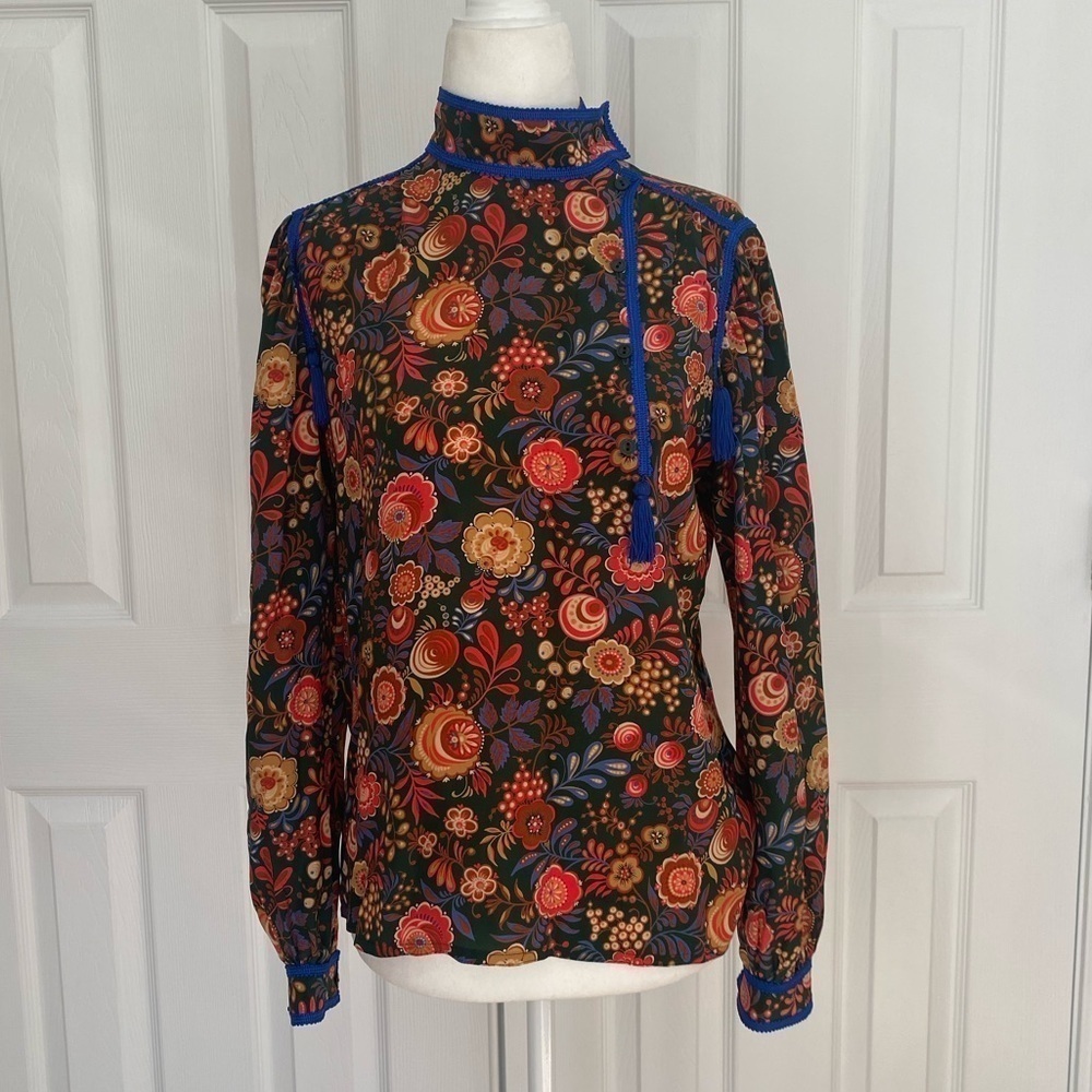 Vintage Silk Floral and Tassel Highneck Blouse - Picture 2 of 11